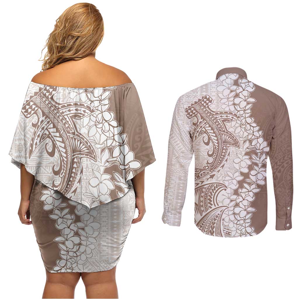 Polynesian Beige Plumeria Lei Couples Matching Off Shoulder Short Dress and Long Sleeve Button Shirt with Hammerhead Shark