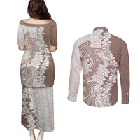 Polynesian Beige Plumeria Lei Couples Matching Puletasi and Long Sleeve Button Shirt with Hammerhead Shark