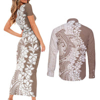 Polynesian Beige Plumeria Lei Couples Matching Short Sleeve Bodycon Dress and Long Sleeve Button Shirt with Hammerhead Shark