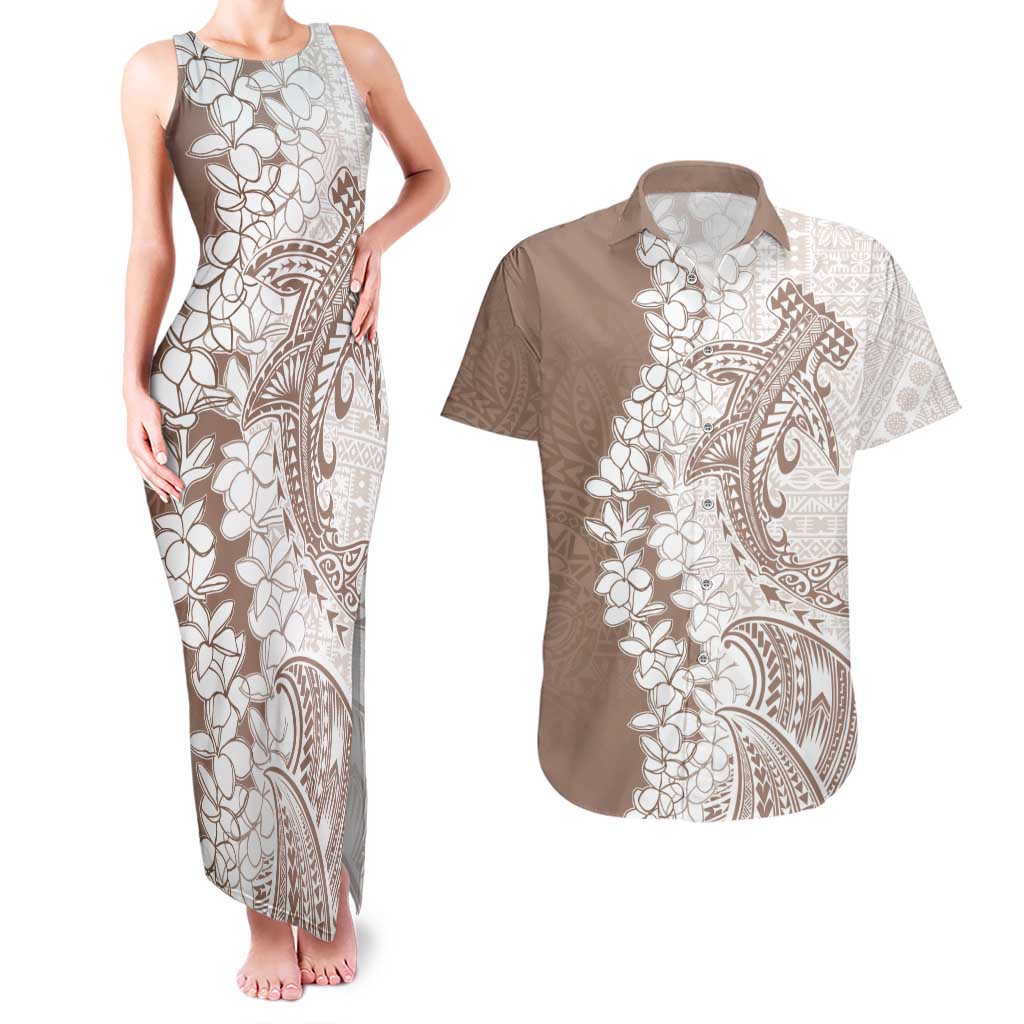 Polynesian Beige Plumeria Lei Couples Matching Tank Maxi Dress and Hawaiian Shirt with Hammerhead Shark