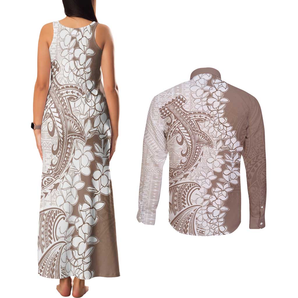 Polynesian Beige Plumeria Lei Couples Matching Tank Maxi Dress and Long Sleeve Button Shirt with Hammerhead Shark