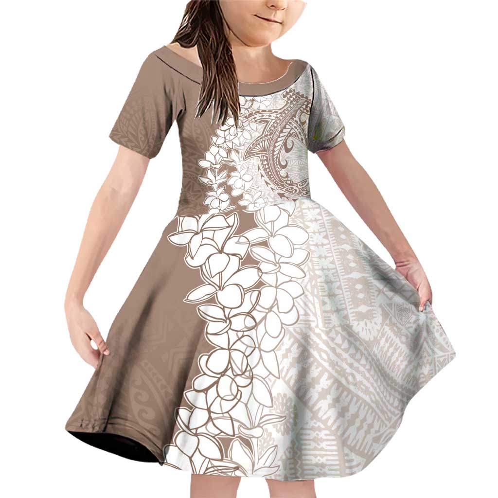 Polynesian Beige Plumeria Lei Family Matching Off Shoulder Short Dress and Hawaiian Shirt with Hammerhead Shark