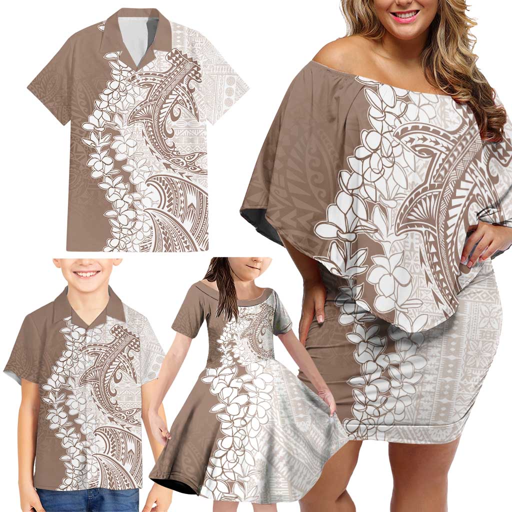 Polynesian Beige Plumeria Lei Family Matching Off Shoulder Short Dress and Hawaiian Shirt with Hammerhead Shark