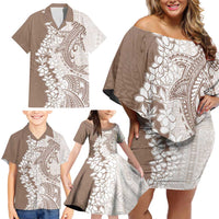 Polynesian Beige Plumeria Lei Family Matching Off Shoulder Short Dress and Hawaiian Shirt with Hammerhead Shark