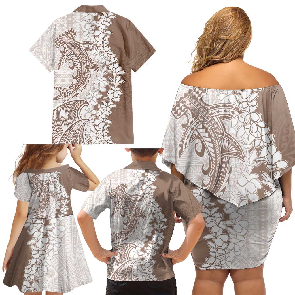 Polynesian Beige Plumeria Lei Family Matching Off Shoulder Short Dress and Hawaiian Shirt with Hammerhead Shark