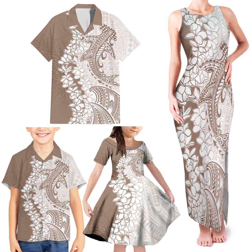 Polynesian Beige Plumeria Lei Family Matching Tank Maxi Dress and Hawaiian Shirt with Hammerhead Shark