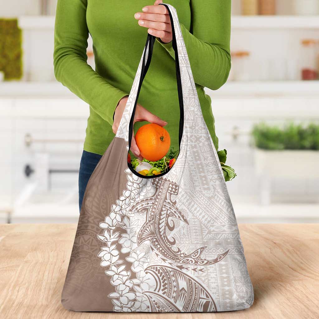Polynesian Beige Plumeria Lei Grocery Bag with Hammerhead Shark