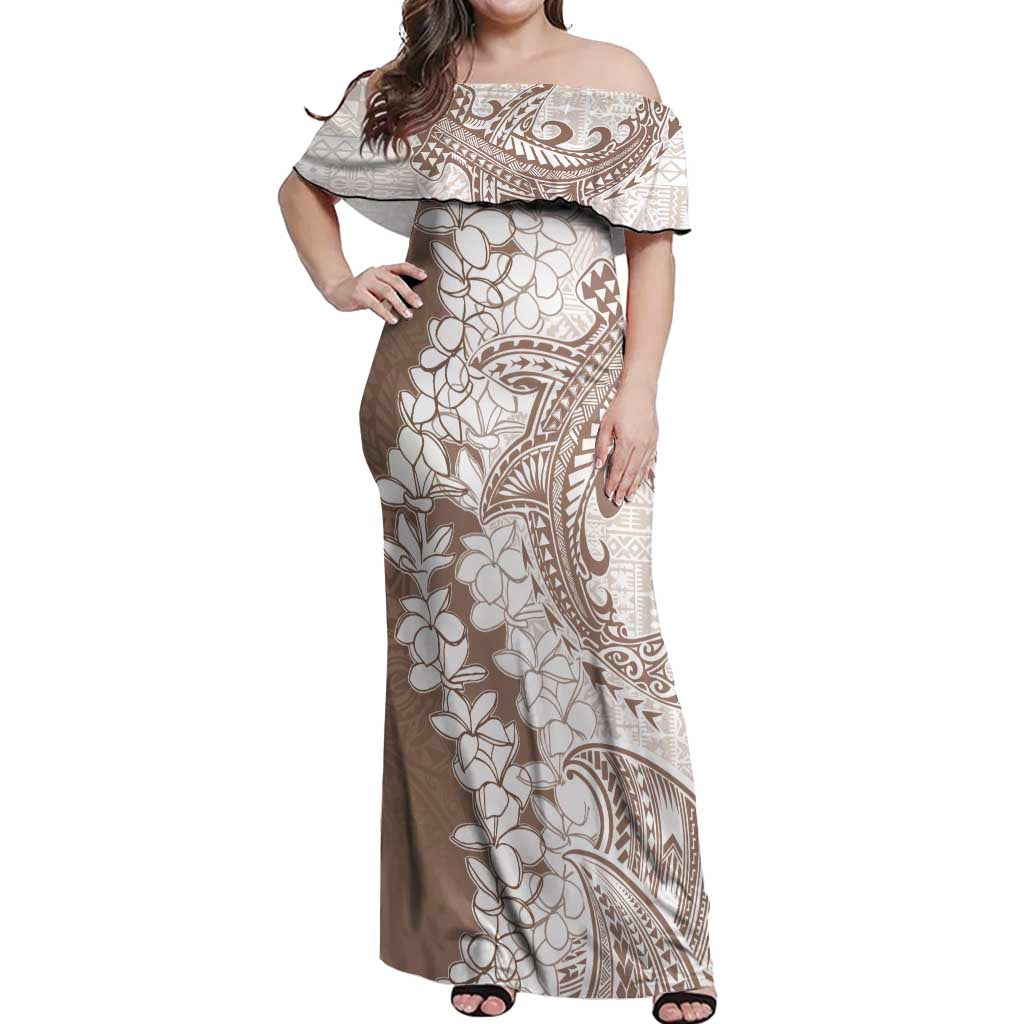 Polynesian Beige Plumeria Lei Off Shoulder Maxi Dress with Hammerhead Shark