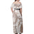 Polynesian Beige Plumeria Lei Off Shoulder Maxi Dress with Hammerhead Shark