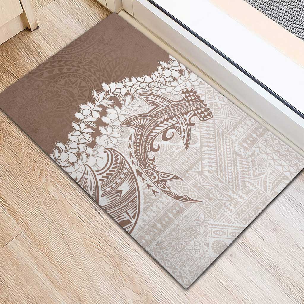 Polynesian Beige Plumeria Lei Rubber Doormat with Hammerhead Shark