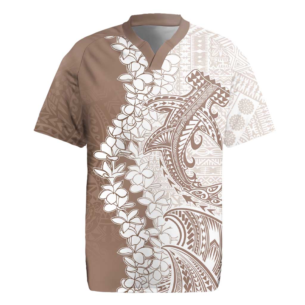 Polynesian Beige Plumeria Lei Rugby Jersey with Hammerhead Shark