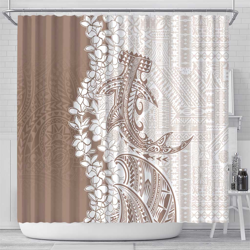 Polynesian Beige Plumeria Lei Shower Curtain with Hammerhead Shark