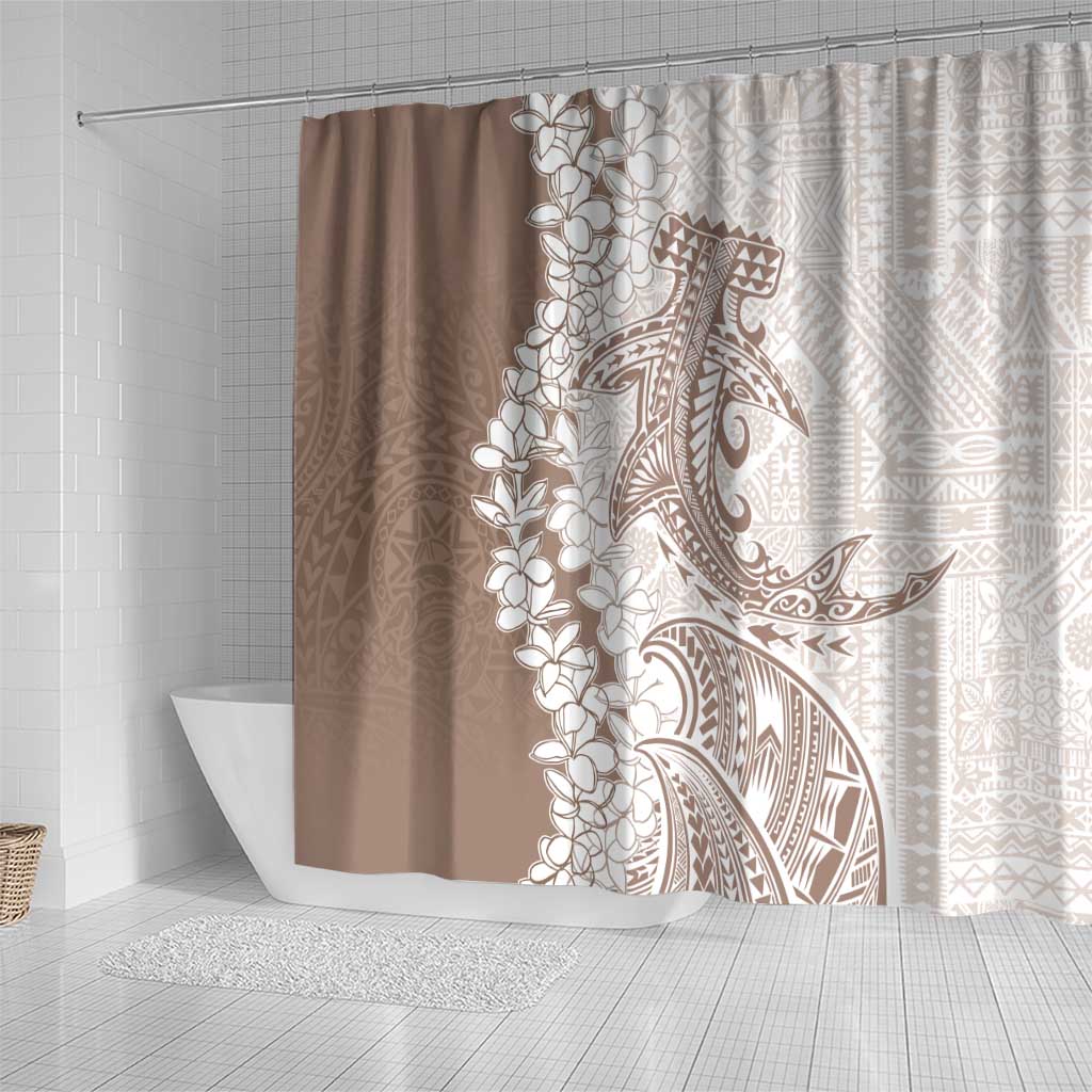 Polynesian Beige Plumeria Lei Shower Curtain with Hammerhead Shark