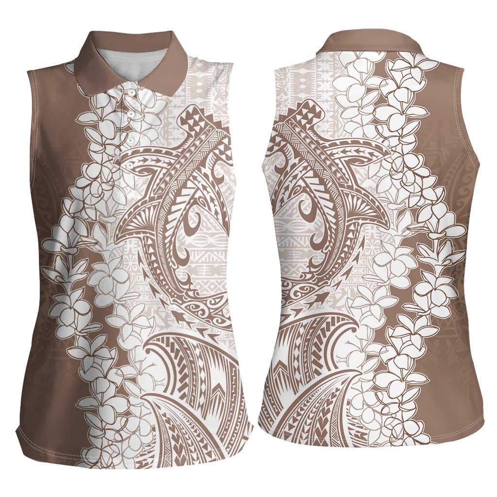 Polynesian Beige Plumeria Lei Women Sleeveless Polo Shirt with Hammerhead Shark