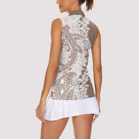 Polynesian Beige Plumeria Lei Women Sleeveless Polo Shirt with Hammerhead Shark