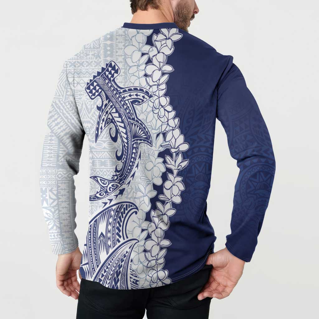 Polynesian Navy Blue Plumeria Lei Button Sweatshirt with Hammerhead Shark