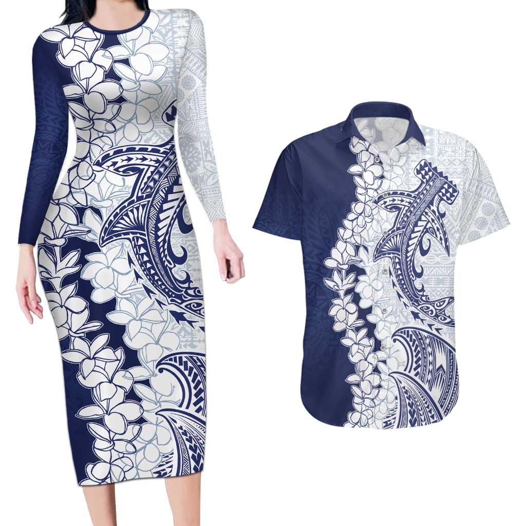 Polynesian Navy Blue Plumeria Lei Couples Matching Long Sleeve Bodycon Dress and Hawaiian Shirt with Hammerhead Shark