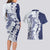 Polynesian Navy Blue Plumeria Lei Couples Matching Long Sleeve Bodycon Dress and Hawaiian Shirt with Hammerhead Shark