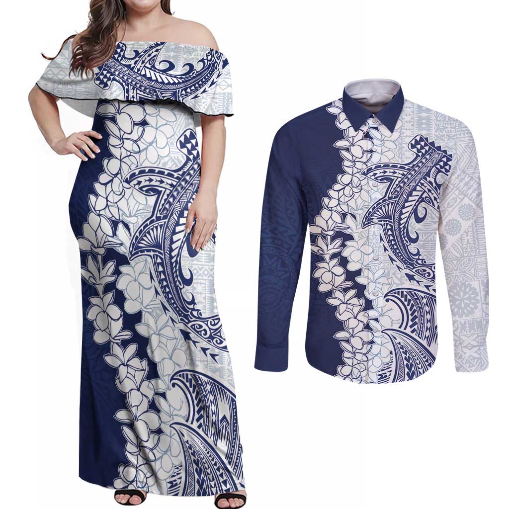 Polynesian Navy Blue Plumeria Lei Couples Matching Off Shoulder Maxi Dress and Long Sleeve Button Shirt with Hammerhead Shark