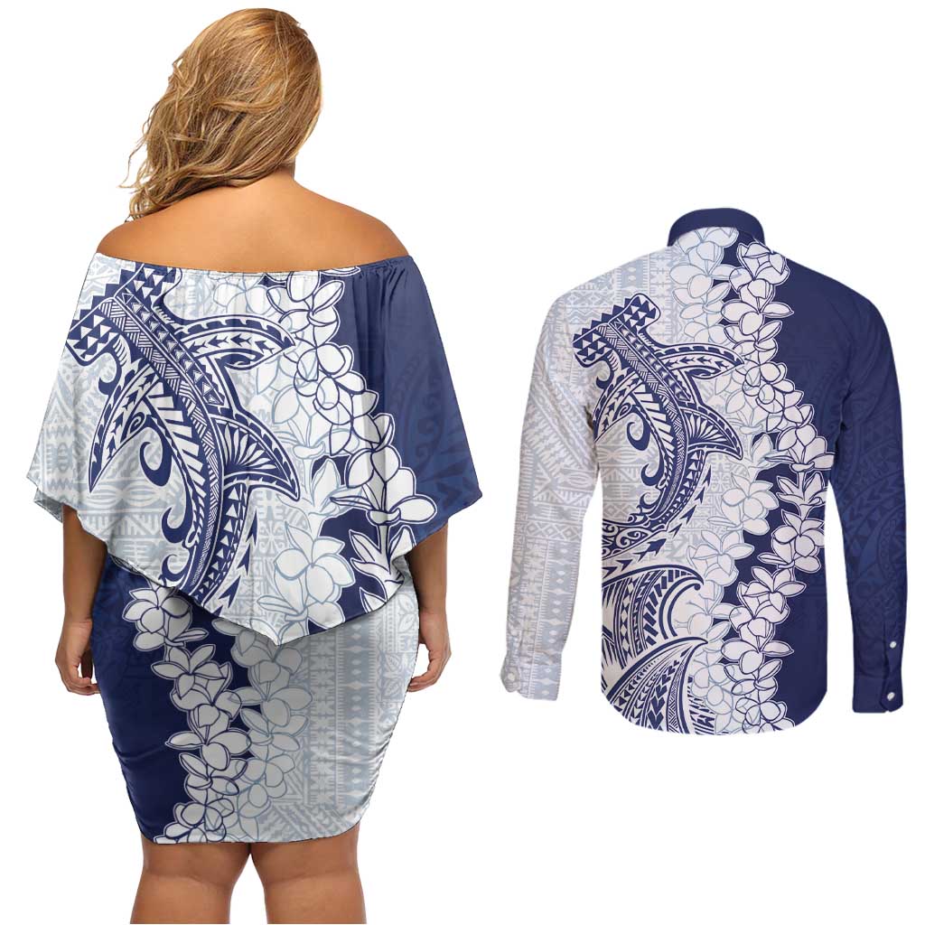Polynesian Navy Blue Plumeria Lei Couples Matching Off Shoulder Short Dress and Long Sleeve Button Shirt with Hammerhead Shark