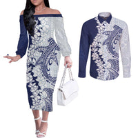 Polynesian Navy Blue Plumeria Lei Couples Matching Off The Shoulder Long Sleeve Dress and Long Sleeve Button Shirt with Hammerhead Shark