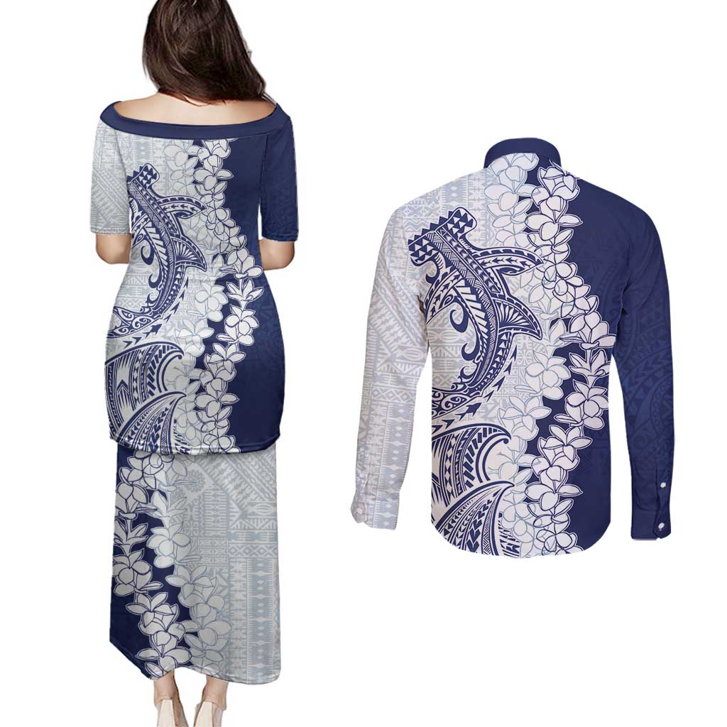 Polynesian Navy Blue Plumeria Lei Couples Matching Puletasi and Long Sleeve Button Shirt with Hammerhead Shark