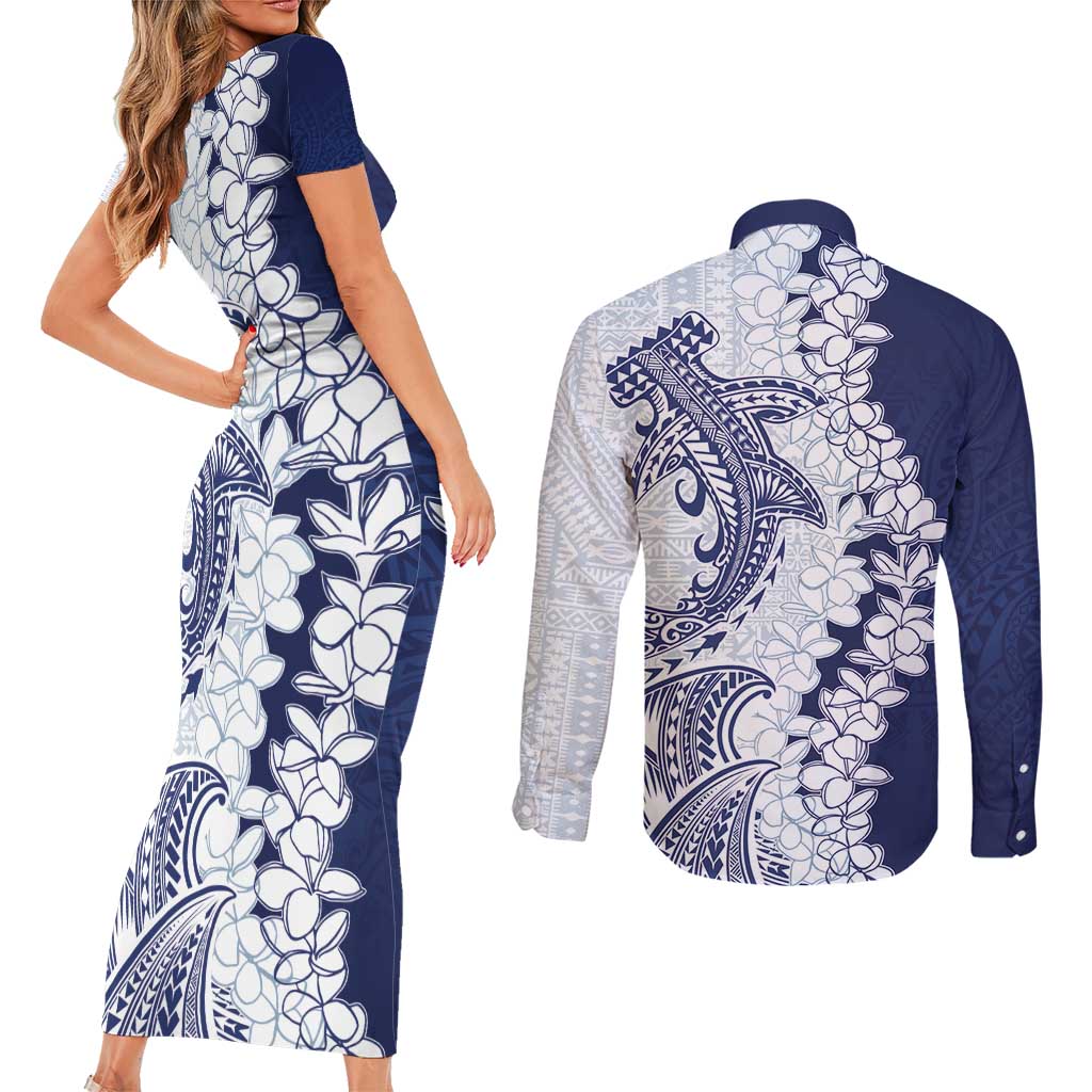 Polynesian Navy Blue Plumeria Lei Couples Matching Short Sleeve Bodycon Dress and Long Sleeve Button Shirt with Hammerhead Shark