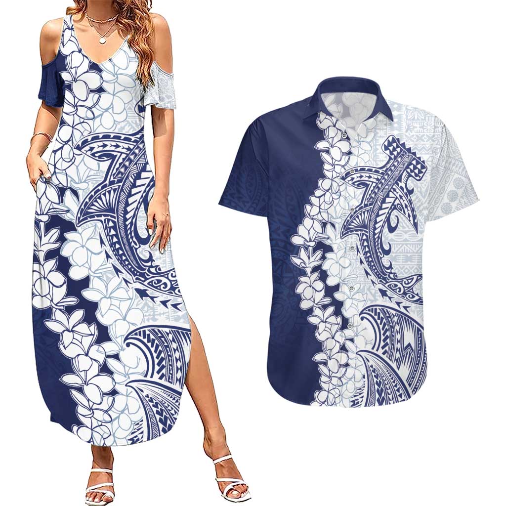 Polynesian Navy Blue Plumeria Lei Couples Matching Summer Maxi Dress and Hawaiian Shirt with Hammerhead Shark