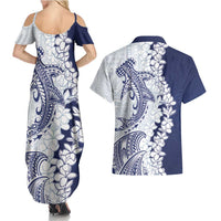 Polynesian Navy Blue Plumeria Lei Couples Matching Summer Maxi Dress and Hawaiian Shirt with Hammerhead Shark