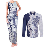 Polynesian Navy Blue Plumeria Lei Couples Matching Tank Maxi Dress and Long Sleeve Button Shirt with Hammerhead Shark