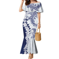 Polynesian Navy Blue Plumeria Lei Family Matching Mermaid Dress and Hawaiian Shirt with Hammerhead Shark