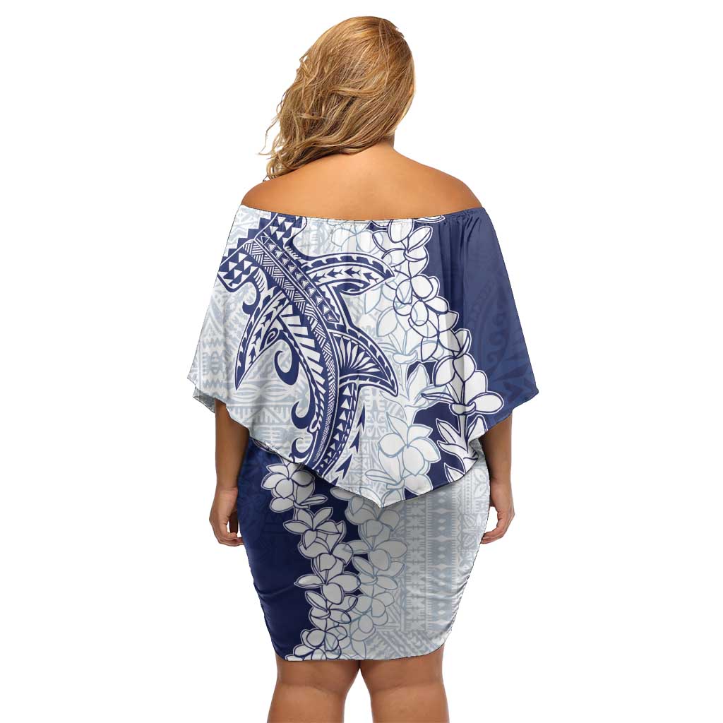 Polynesian Navy Blue Plumeria Lei Family Matching Off Shoulder Short Dress and Hawaiian Shirt with Hammerhead Shark