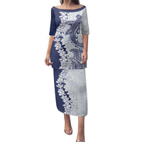 Polynesian Navy Blue Plumeria Lei Family Matching Puletasi and Hawaiian Shirt with Hammerhead Shark