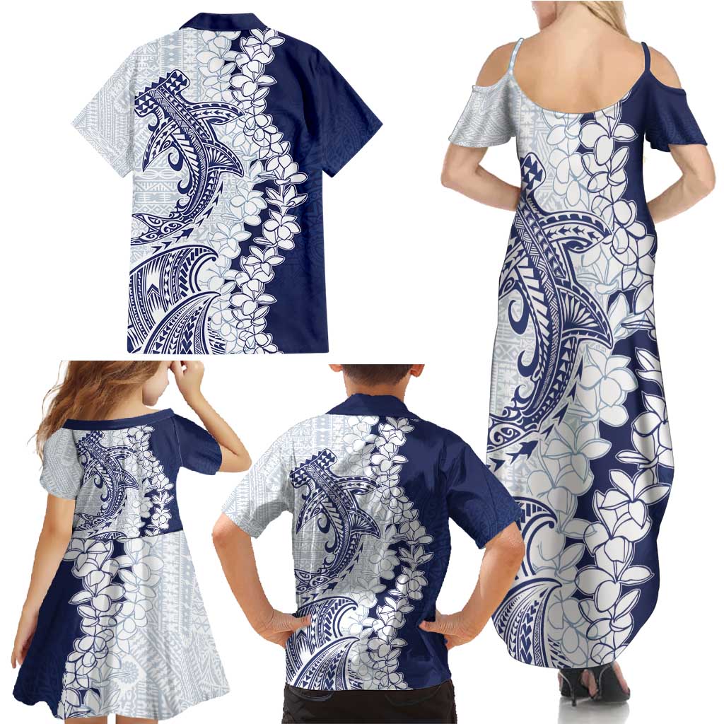 Polynesian Navy Blue Plumeria Lei Family Matching Summer Maxi Dress and Hawaiian Shirt with Hammerhead Shark
