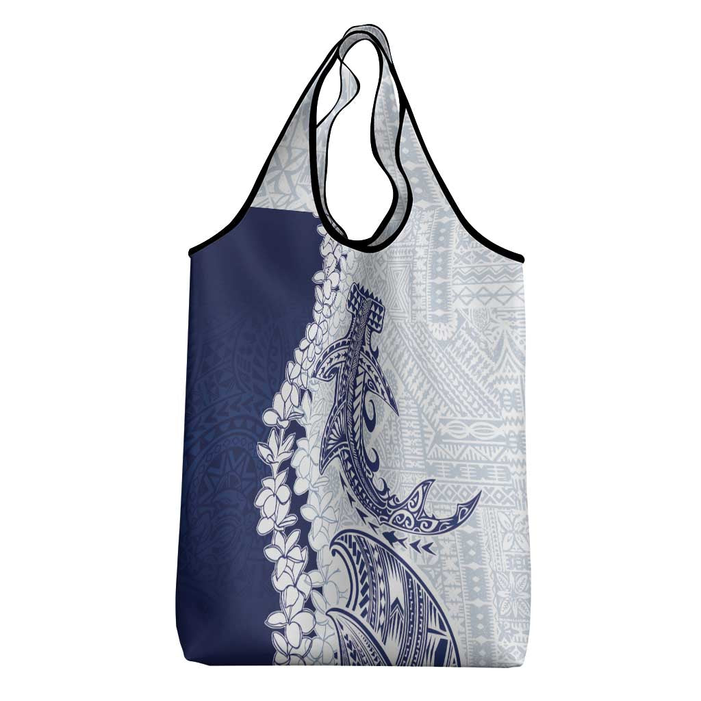 Polynesian Navy Blue Plumeria Lei Grocery Bag with Hammerhead Shark