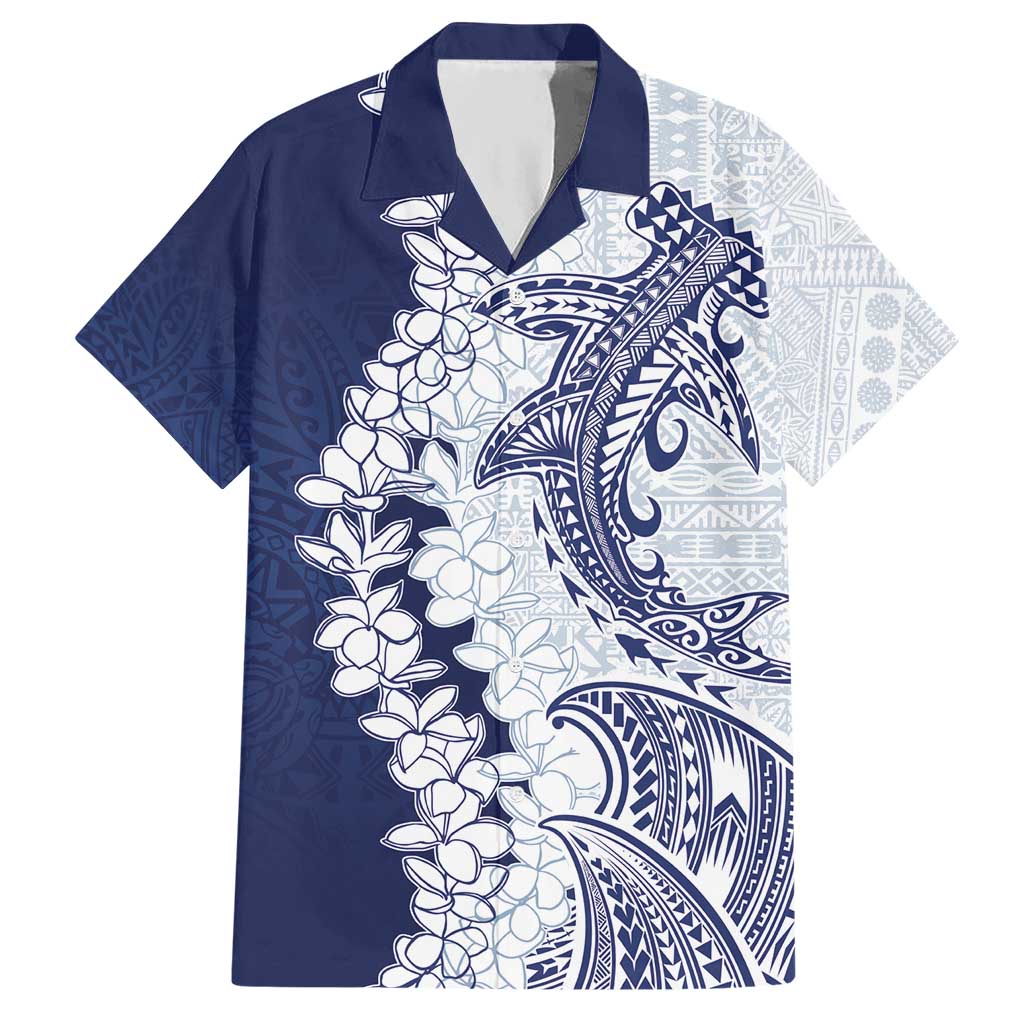 Polynesian Navy Blue Plumeria Lei Hawaiian Shirt with Hammerhead Shark