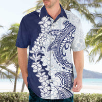 Polynesian Navy Blue Plumeria Lei Hawaiian Shirt with Hammerhead Shark