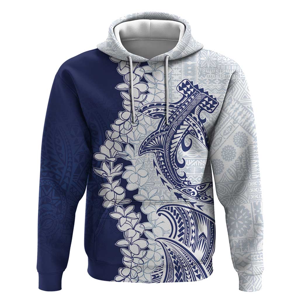 Polynesian Navy Blue Plumeria Lei Hoodie with Hammerhead Shark