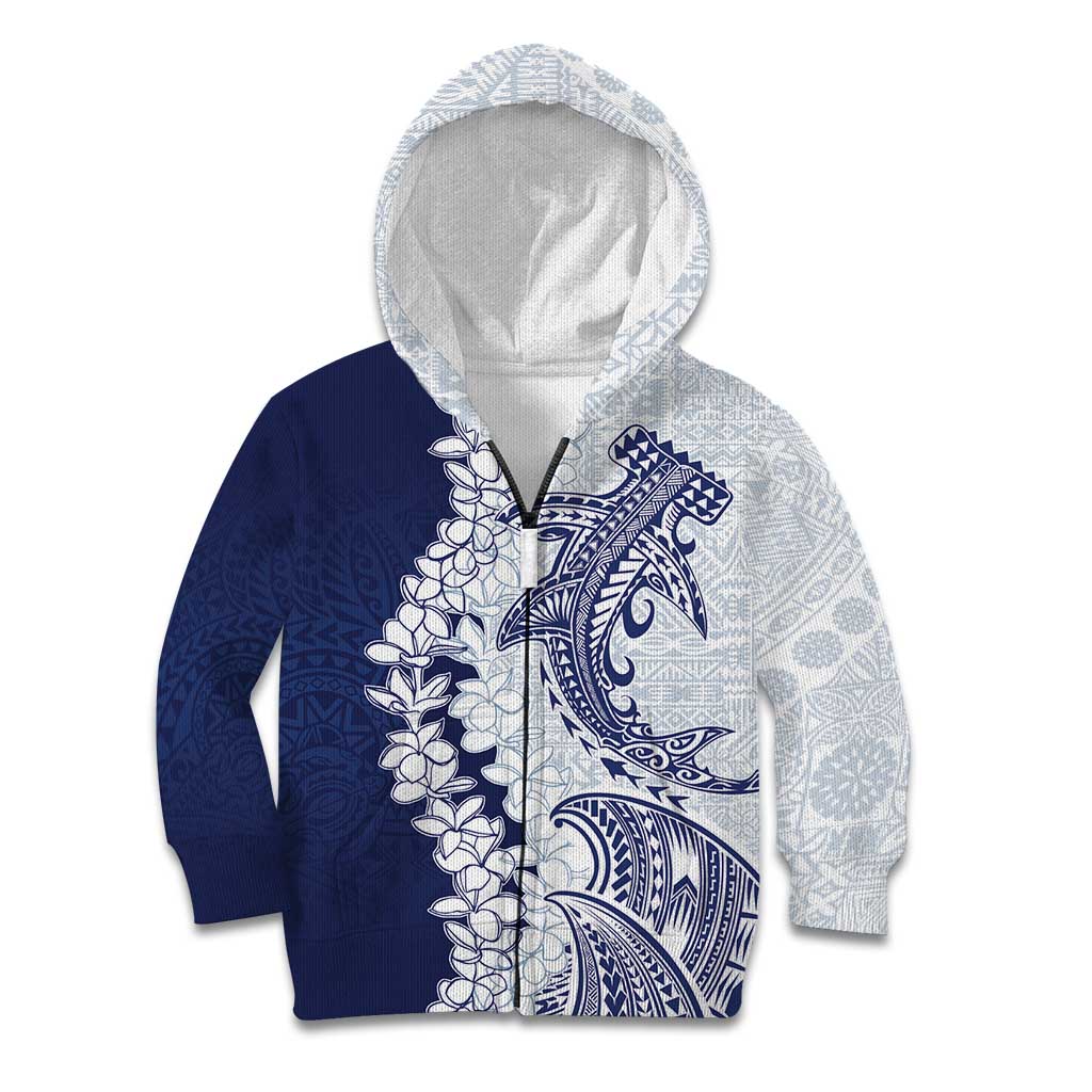 Polynesian Navy Blue Plumeria Lei Kid Hoodie with Hammerhead Shark