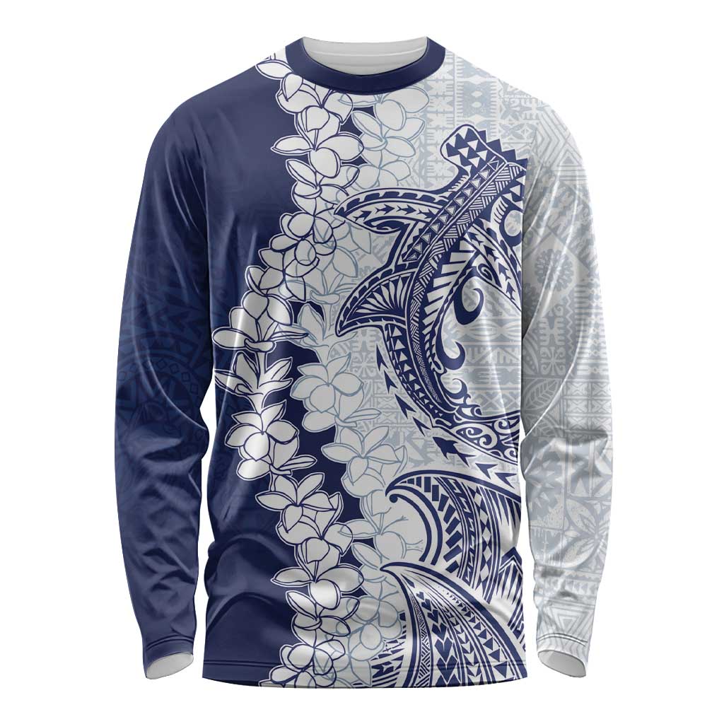 Polynesian Navy Blue Plumeria Lei Long Sleeve Shirt with Hammerhead Shark