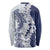 Polynesian Navy Blue Plumeria Lei Long Sleeve Shirt with Hammerhead Shark