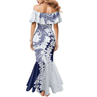 Polynesian Navy Blue Plumeria Lei Mermaid Dress with Hammerhead Shark