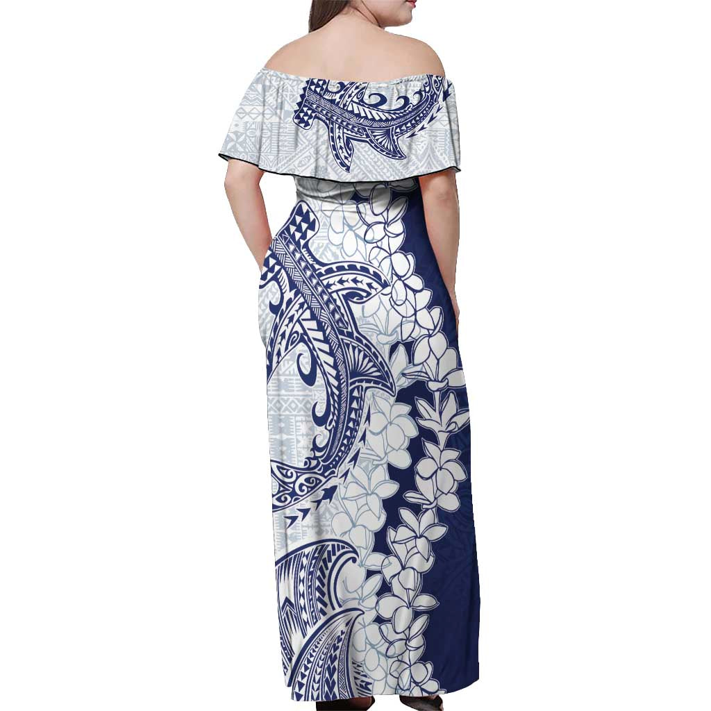 Polynesian Navy Blue Plumeria Lei Off Shoulder Maxi Dress with Hammerhead Shark