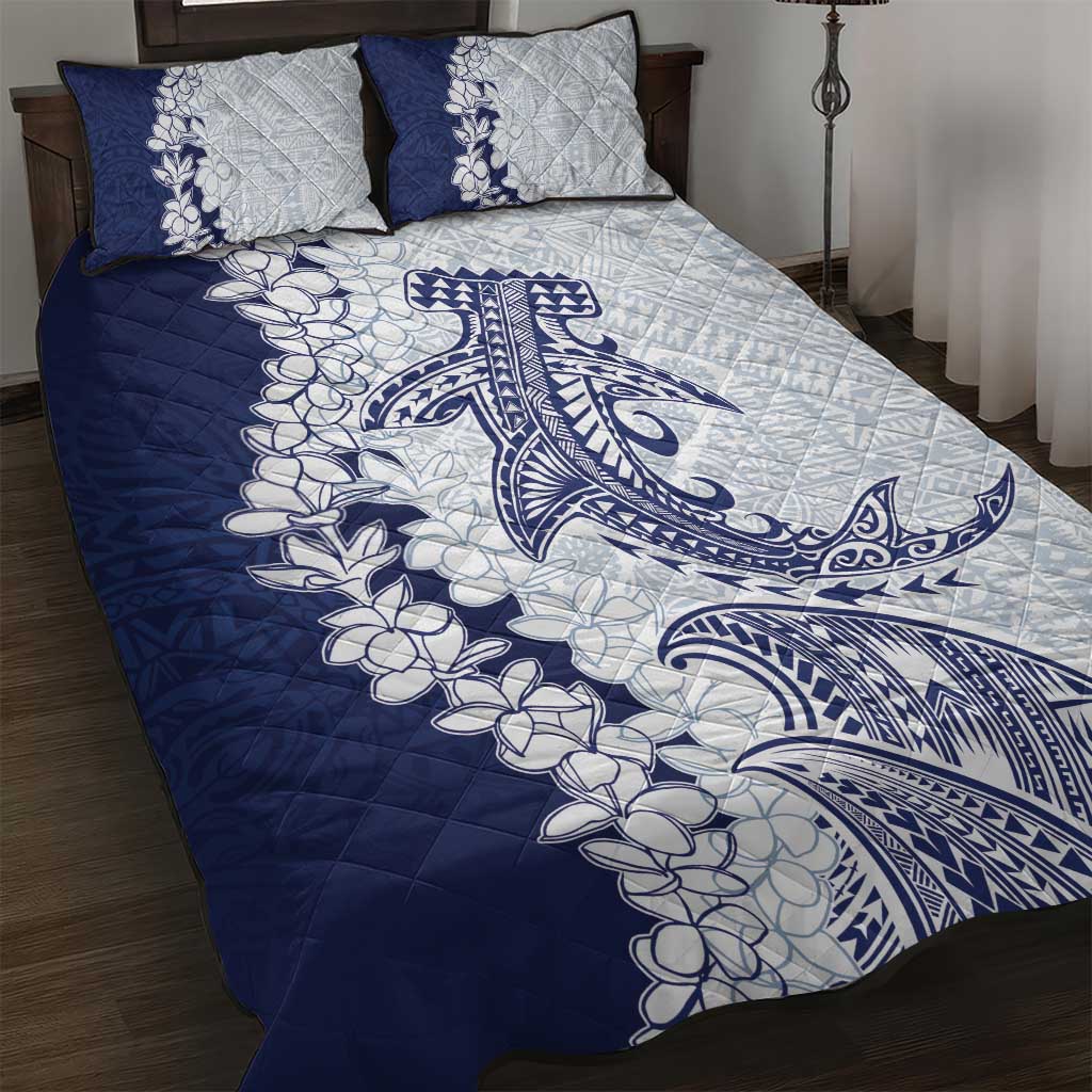 Polynesian Navy Blue Plumeria Lei Quilt Bed Set with Hammerhead Shark