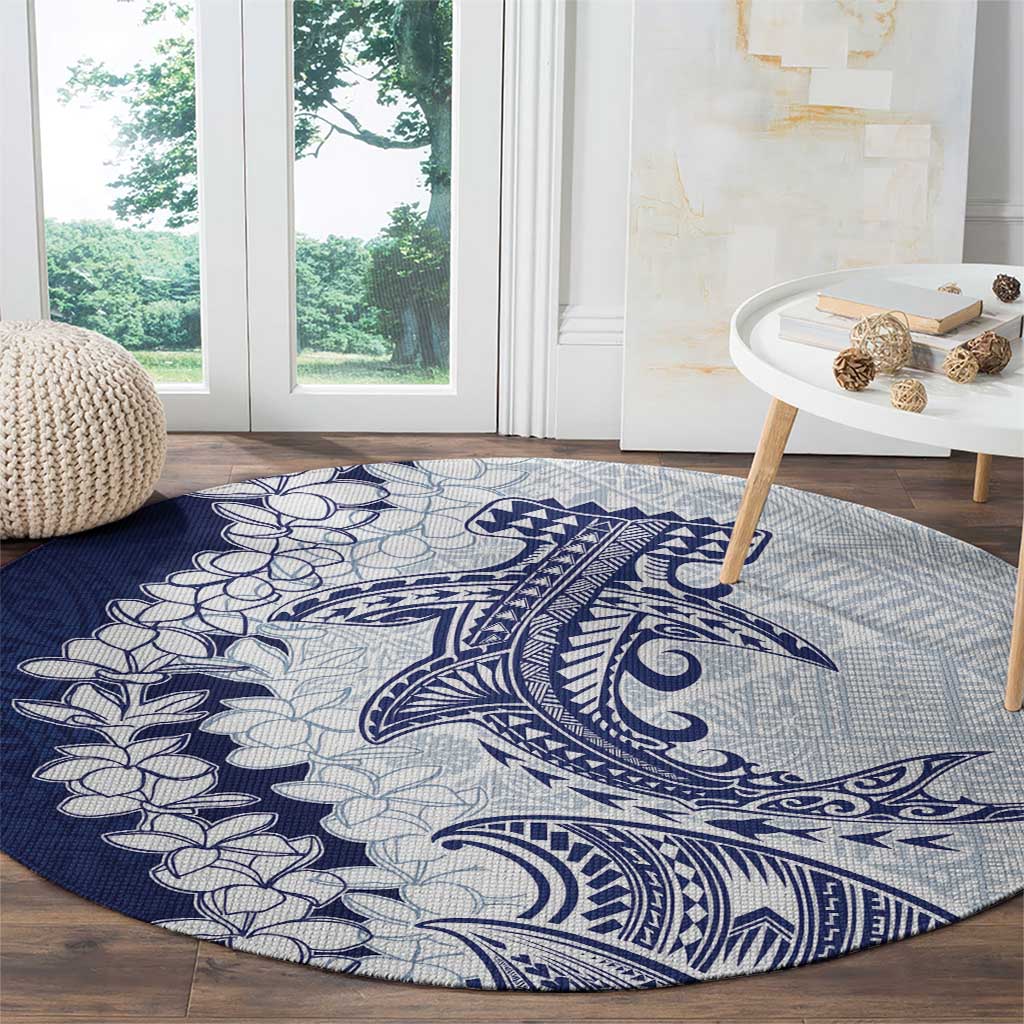 Polynesian Navy Blue Plumeria Lei Round Carpet with Hammerhead Shark