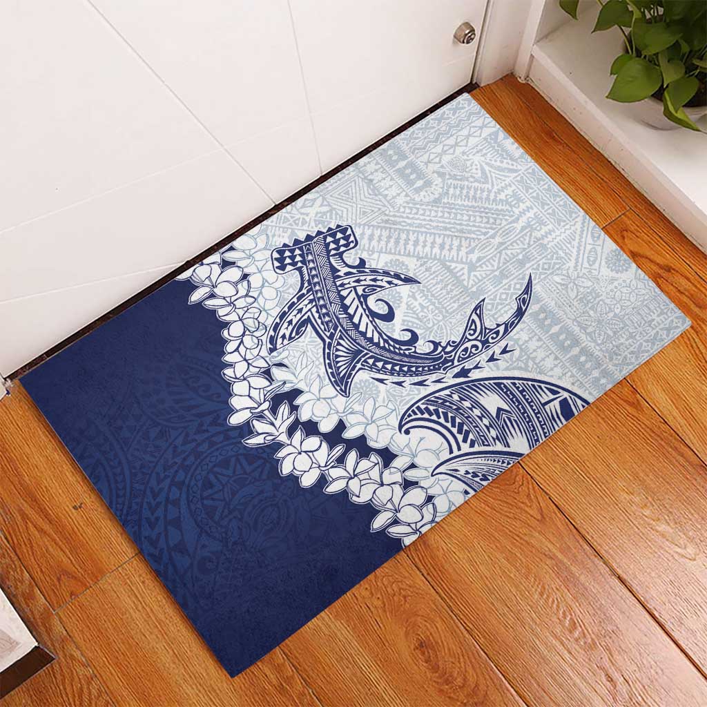 Polynesian Navy Blue Plumeria Lei Rubber Doormat with Hammerhead Shark