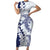 Polynesian Navy Blue Plumeria Lei Short Sleeve Bodycon Dress with Hammerhead Shark