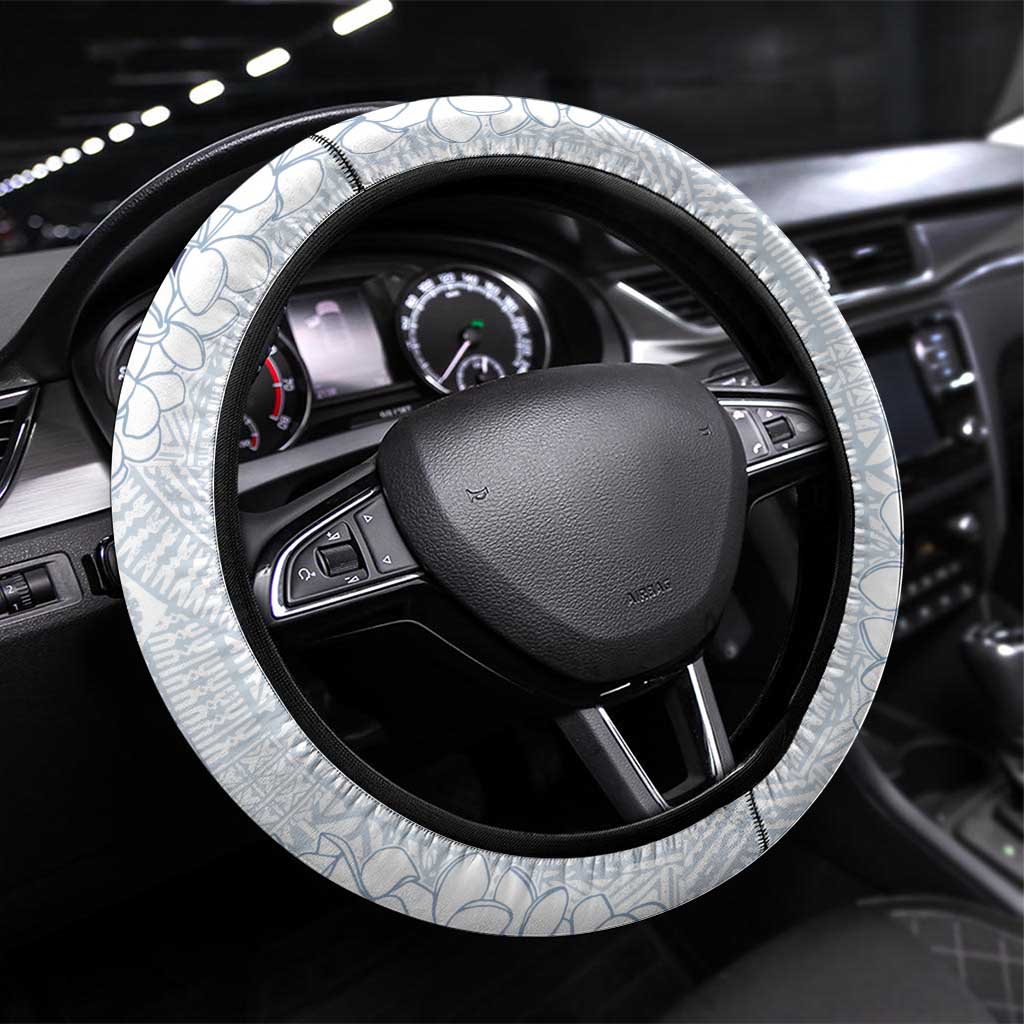 Polynesian Navy Blue Plumeria Lei Steering Wheel Cover with Hammerhead Shark