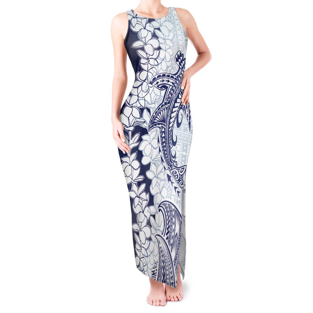 Polynesian Navy Blue Plumeria Lei Tank Maxi Dress with Hammerhead Shark