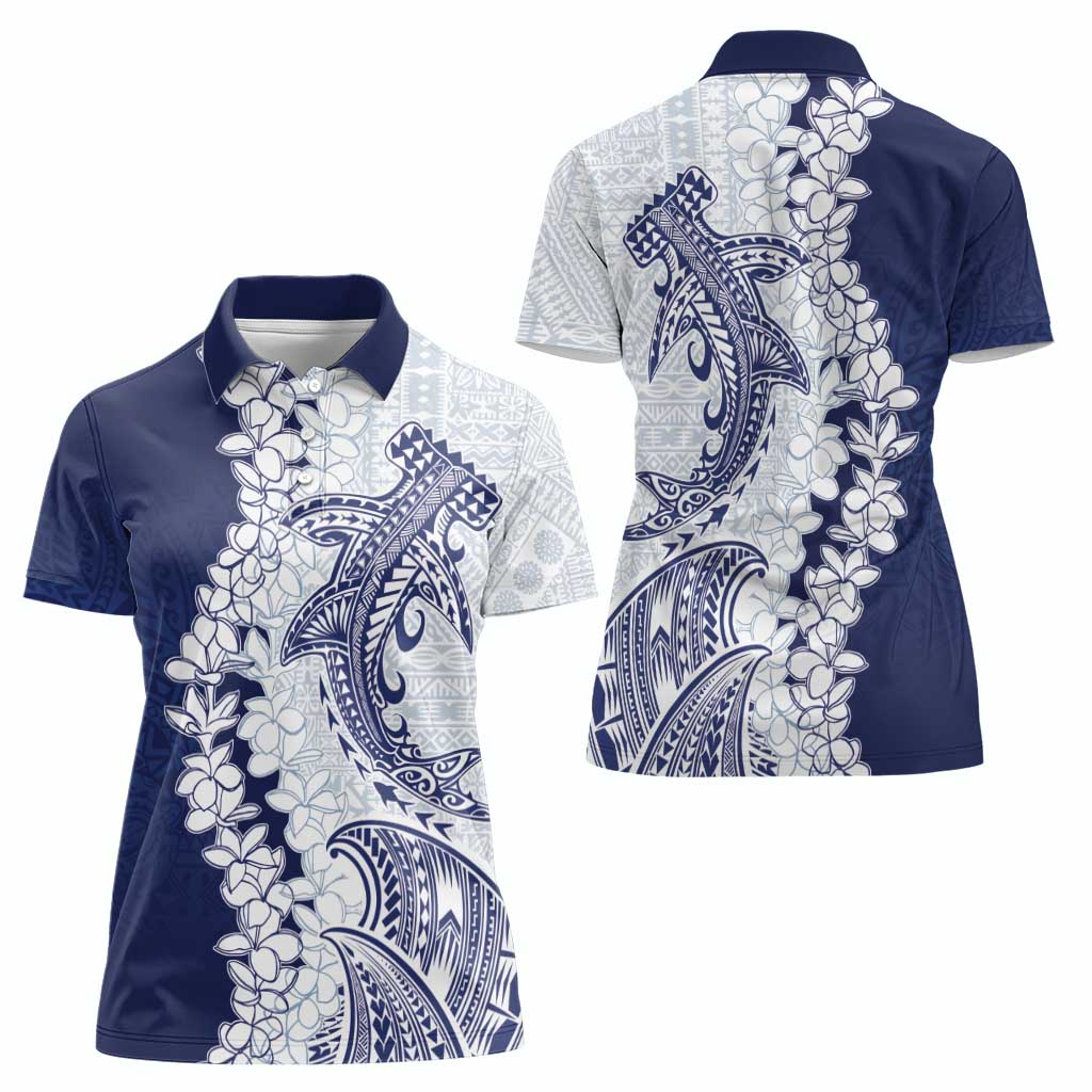 Polynesian Navy Blue Plumeria Lei Women Polo Shirt with Hammerhead Shark